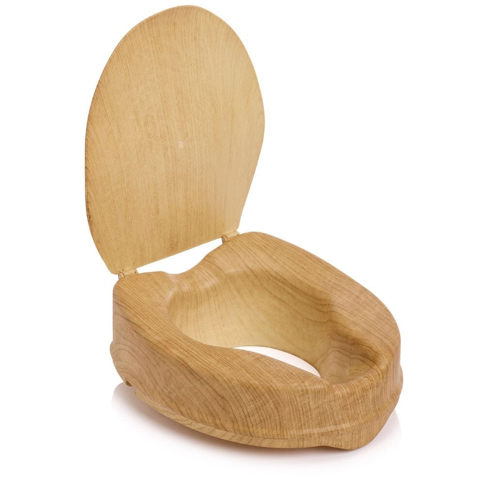 Diagram or packaging of Sanctuary Oak Effect Raised Toilet Seat With Lid highlighting dimensions or features.