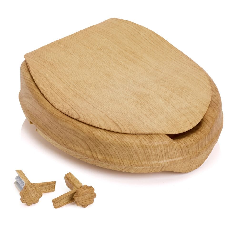 Diagram or packaging of Sanctuary Oak Effect Raised Toilet Seat With Lid highlighting dimensions or features.