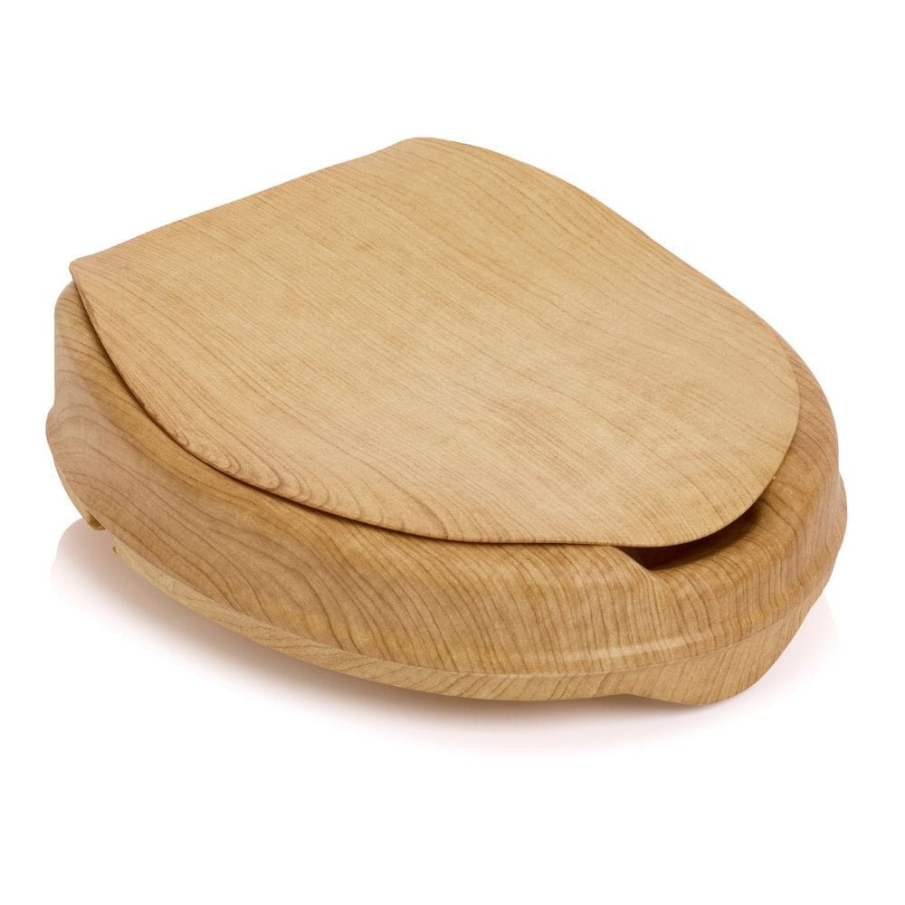 Diagram or packaging of Sanctuary Oak Effect Raised Toilet Seat With Lid highlighting dimensions or features.