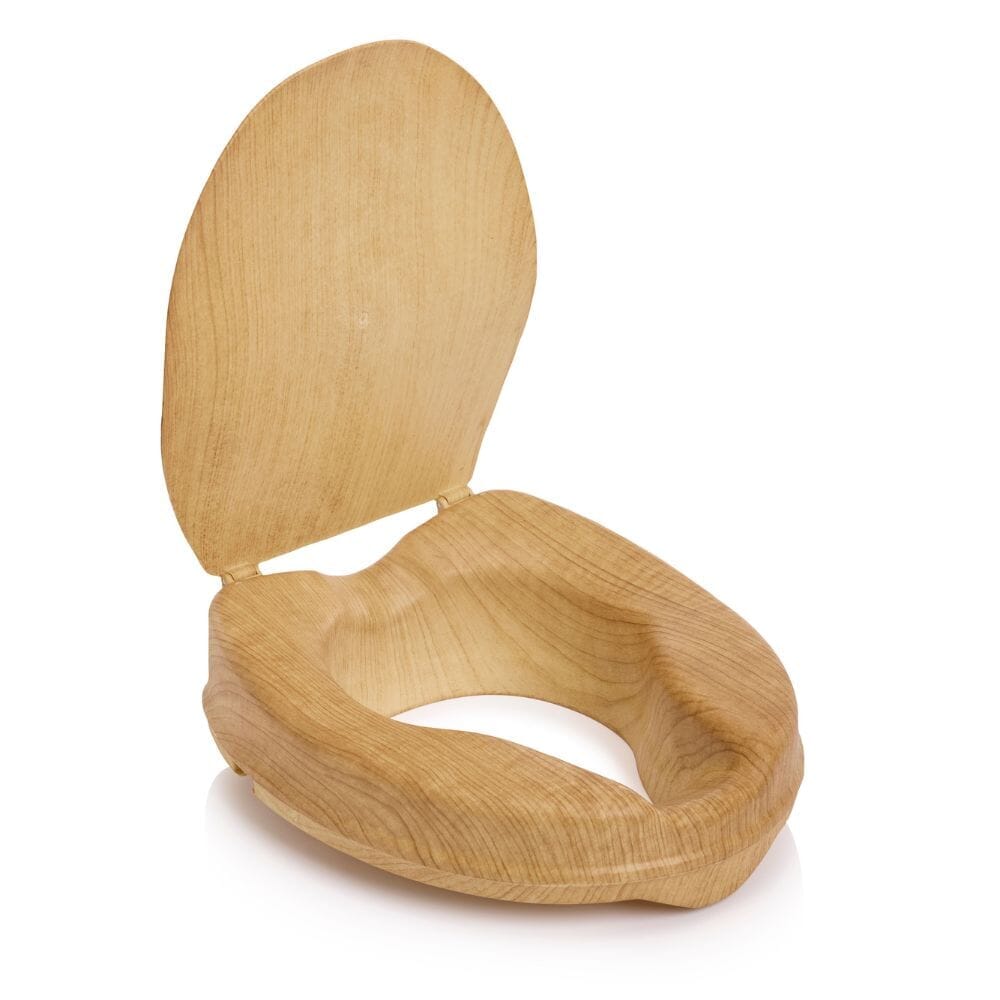 Diagram or packaging of Sanctuary Oak Effect Raised Toilet Seat With Lid highlighting dimensions or features.