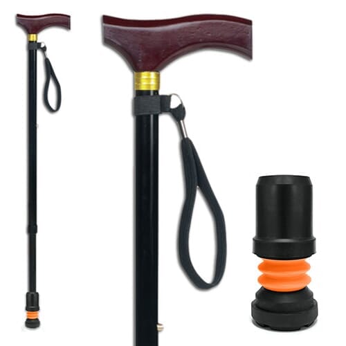 Full view of Shock Absorbing Adjustable Walking Stick-Black walking stick on a plain background, showing its handle, shaft and ferrule.