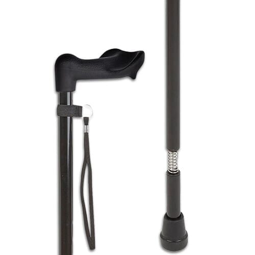 Full view of Shock Absorbing Walking Stick walking stick on a plain background, showing its handle, shaft and ferrule.