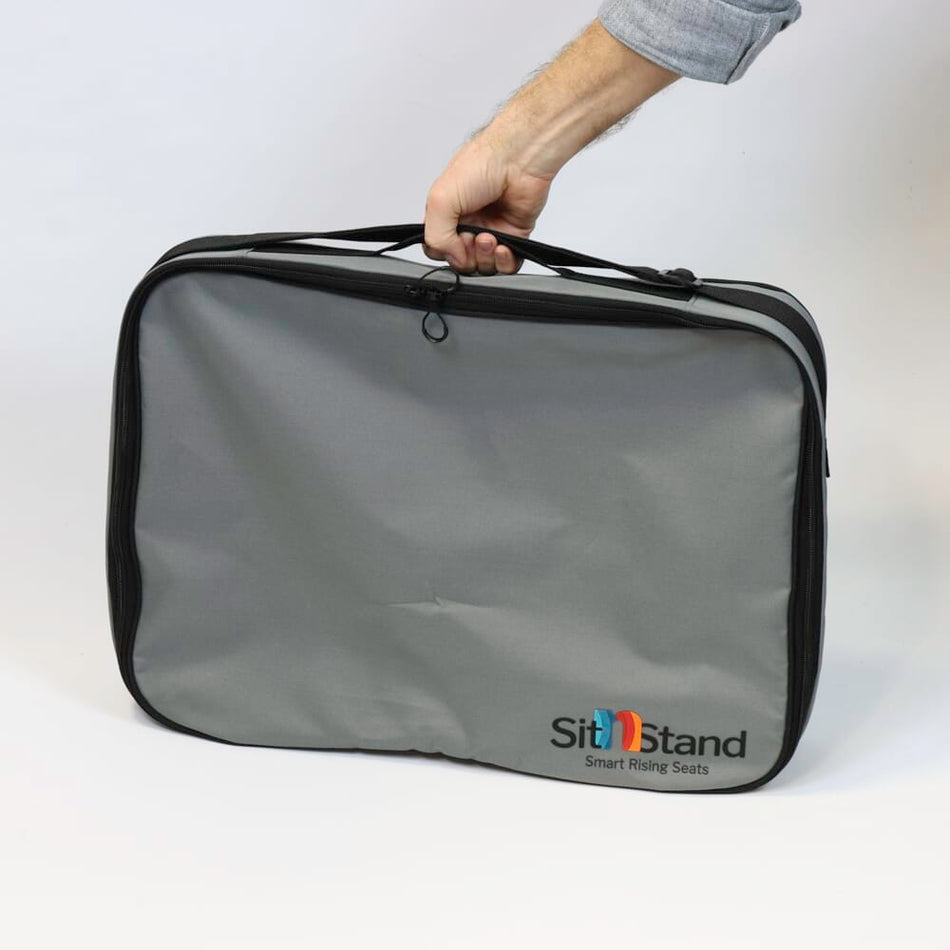 SitnStand Bag attached to a wheelchair, rollator or walking aid, demonstrating how it provides convenient storage.
