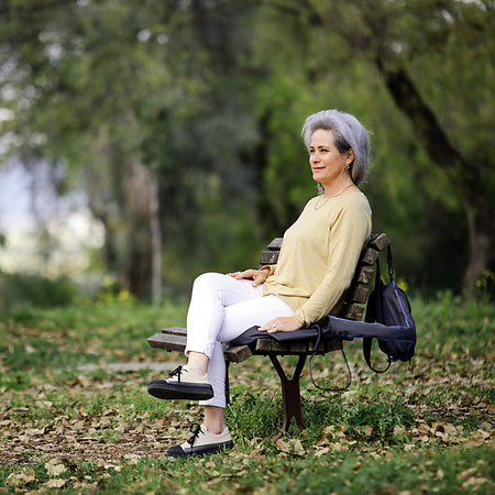 Diagram or packaging of SitnStand Compact Portable Rising Seat highlighting dimensions or features.