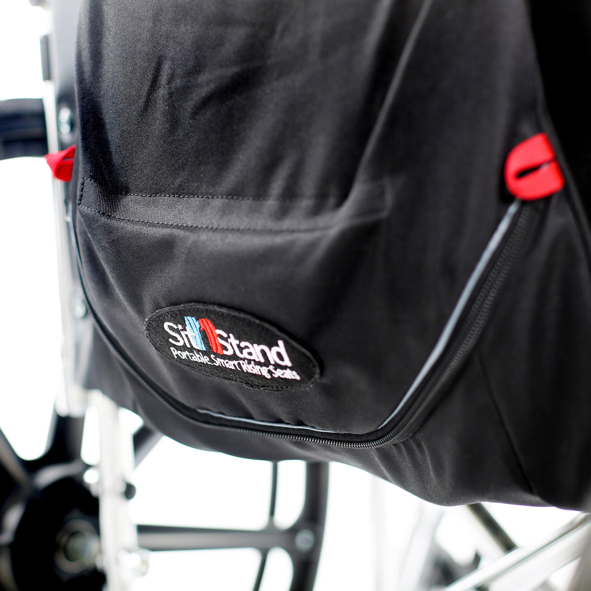 Diagram or packaging of SitnStand Portable Rising Seat For Wheelchairs highlighting dimensions or features.