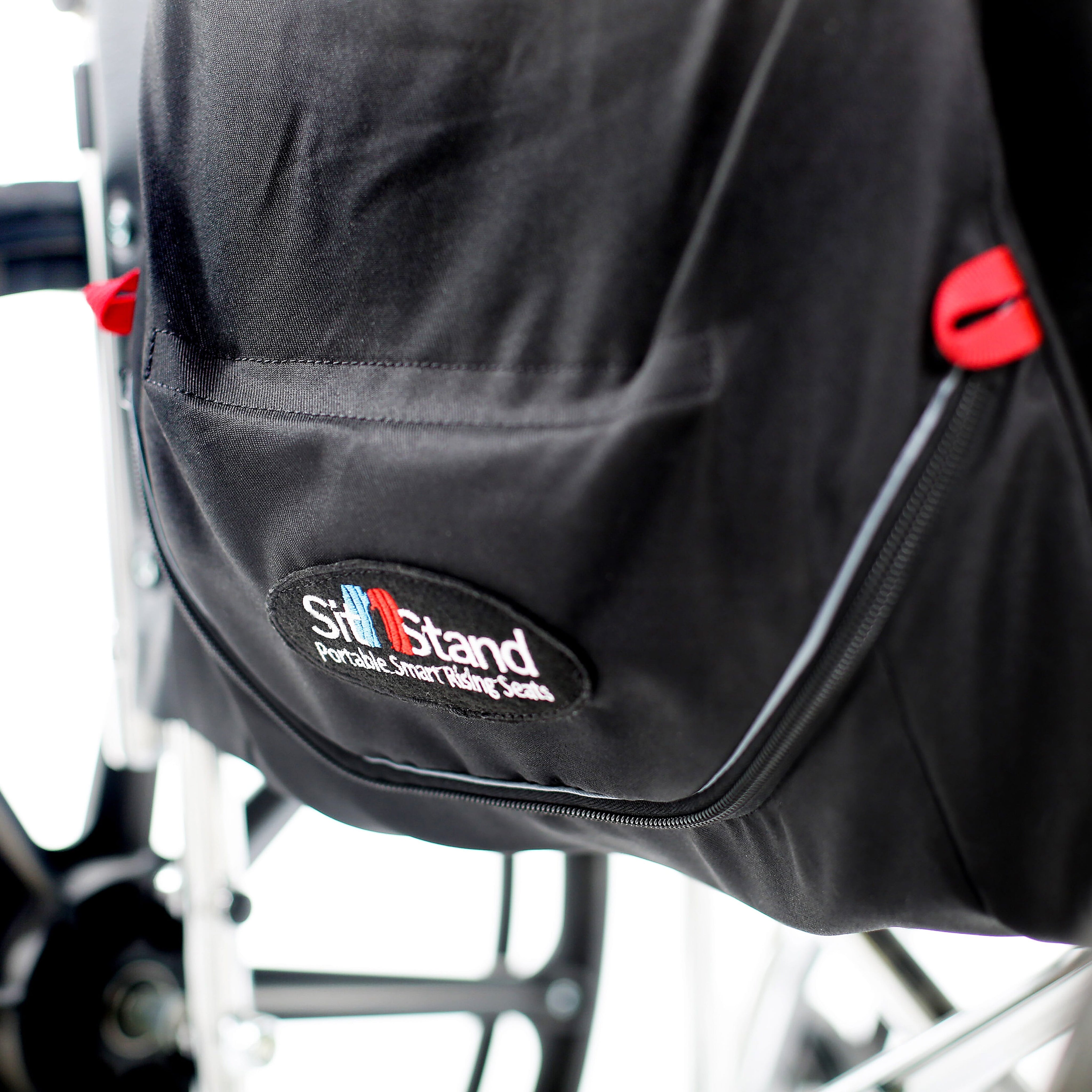 Diagram or packaging of SitnStand Portable Rising Seat For Wheelchairs highlighting dimensions or features.