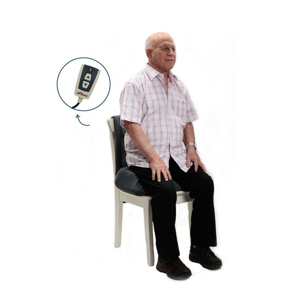 Diagram or packaging of SitnStand Portable Rising Seat highlighting dimensions or features.