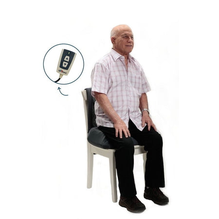 Diagram or packaging of SitnStand Portable Rising Seat highlighting dimensions or features.