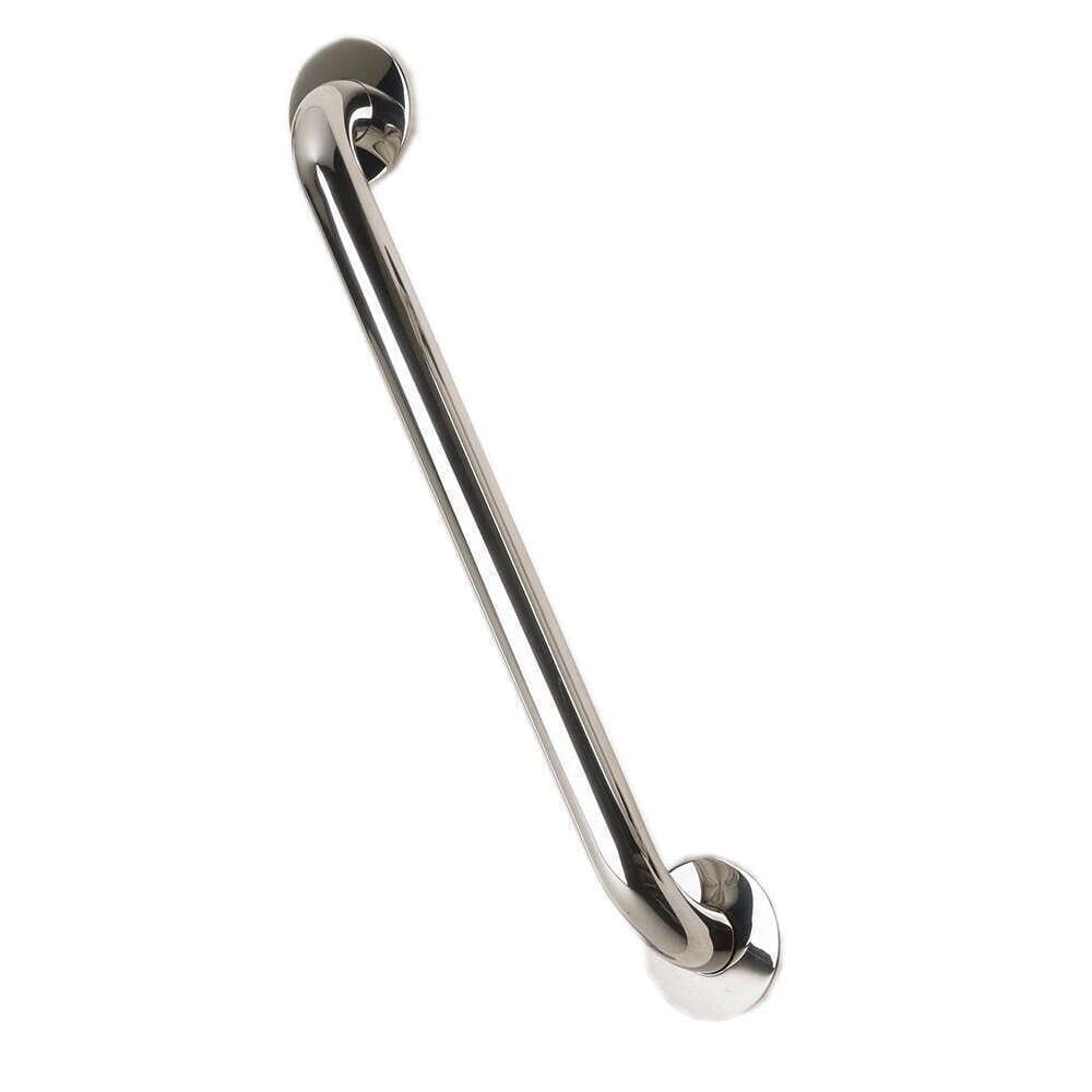 Full view of Stainless Steel Grab Rail grab rail with circular wall plates and a textured grip, designed to provide support in bathrooms and other areas.