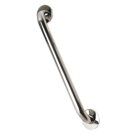 Full view of Stainless Steel Grab Rail grab rail with circular wall plates and a textured grip, designed to provide support in bathrooms and other areas.