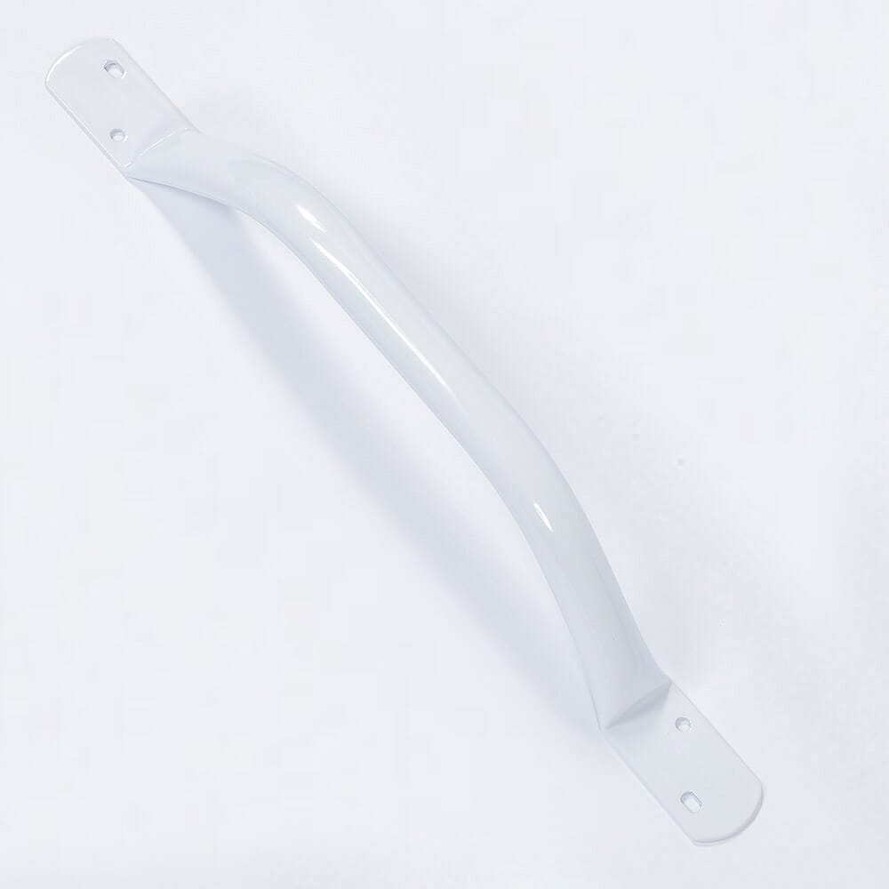 Full view of Steel Grab Rail grab rail with circular wall plates and a textured grip, designed to provide support in bathrooms and other areas.