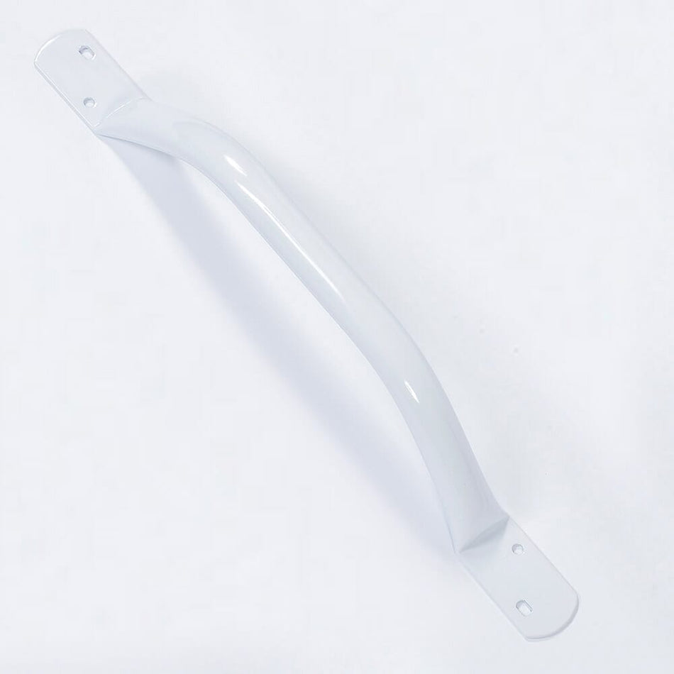 Full view of Steel Grab Rail grab rail with circular wall plates and a textured grip, designed to provide support in bathrooms and other areas.