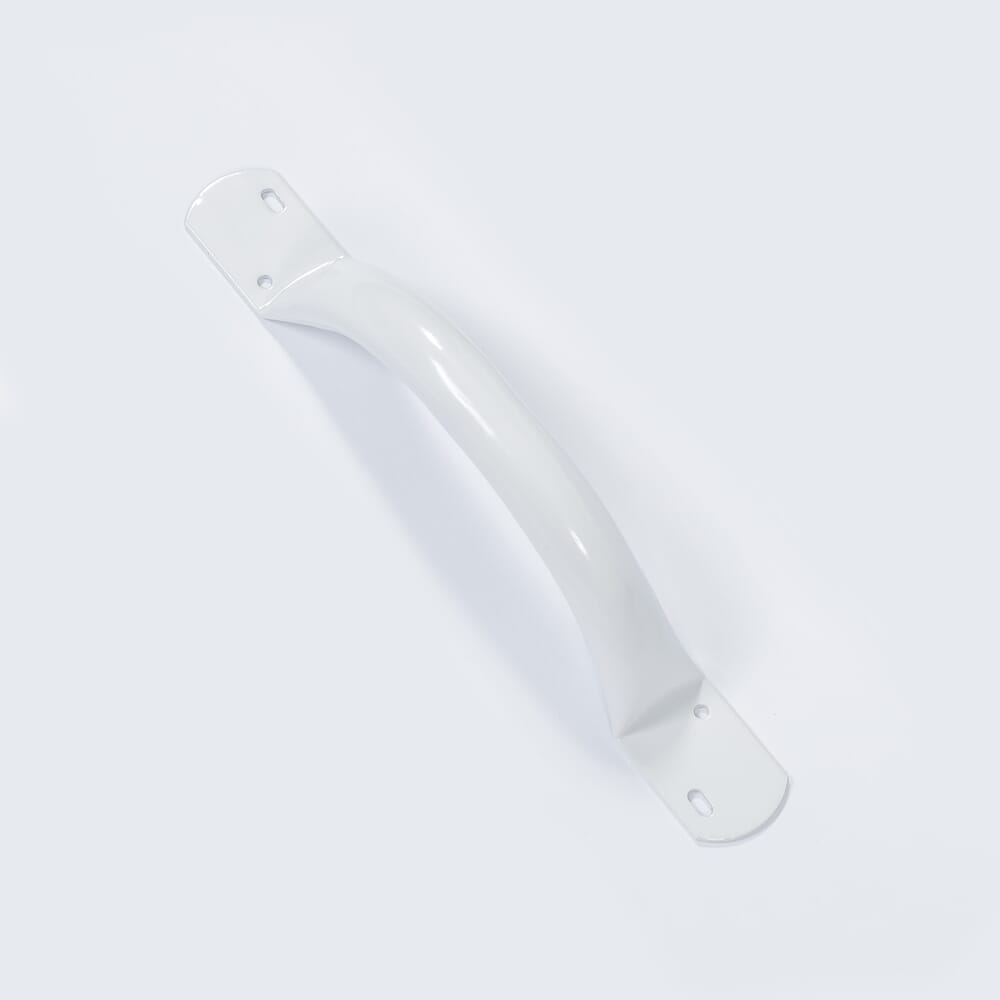 Full view of Steel Grab Rail grab rail with circular wall plates and a textured grip, designed to provide support in bathrooms and other areas.