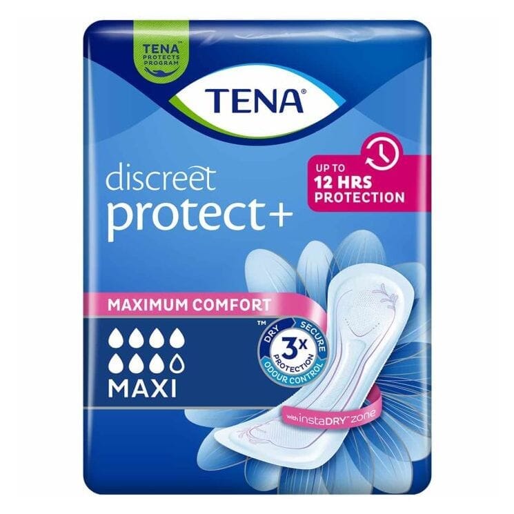 Image of TENA Discreet Protect Maxi Incontinence Pads on a plain background.