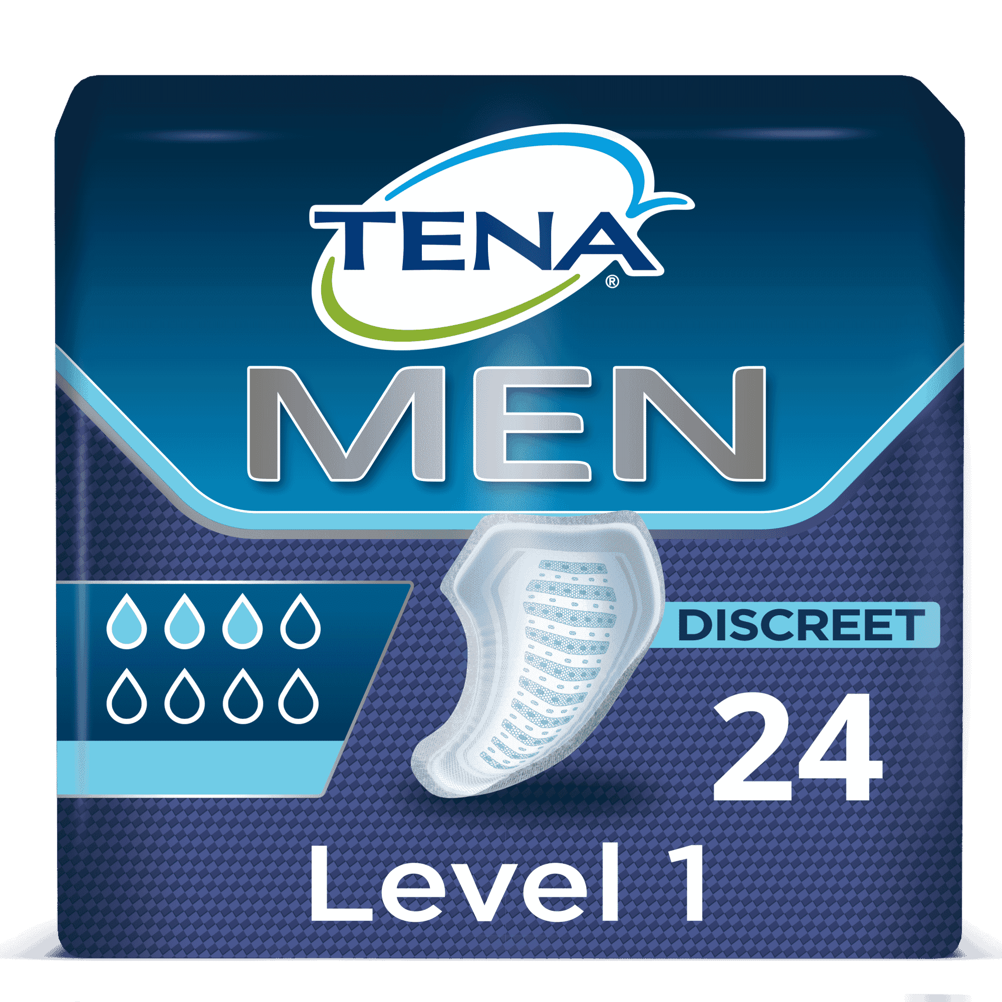 Image of TENA Men Discreet Incontinence Pads on a plain background.