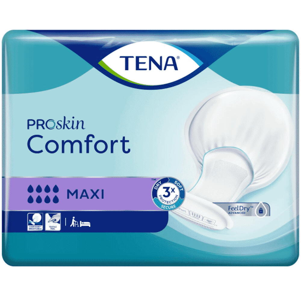Image of TENA ProSkin Comfort Incontinence Pads on a plain background.