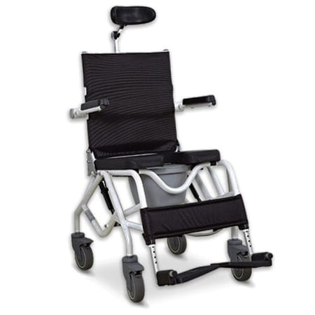 Tilt In Space Shower Commode Chair with lid raised showing the open seat and removable commode pan, with supportive arms and adjustable height on a plain background.