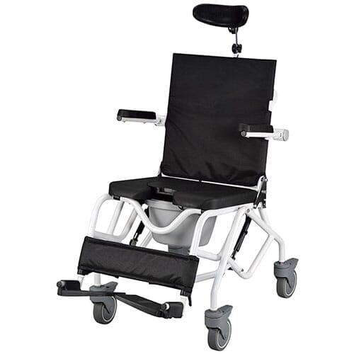 Tilt In Space Shower Commode Chair with lid closed, highlighting the padded seat and discreet design.
