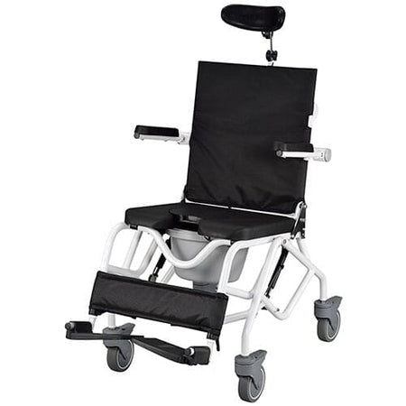 Tilt In Space Shower Commode Chair with lid closed, highlighting the padded seat and discreet design.