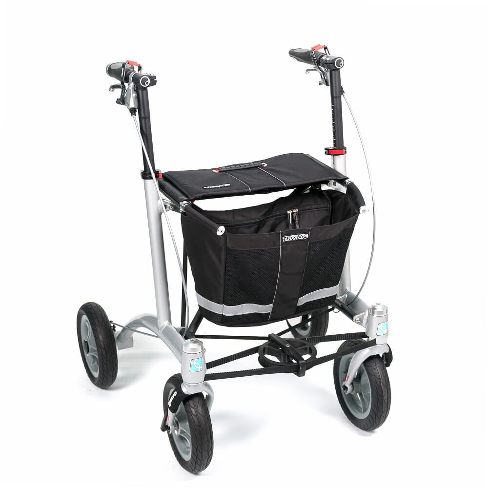 Angled view of Trionic 9er Rollator Walker rollator with seat, padded backrest, storage bag and four wheels on a plain background.