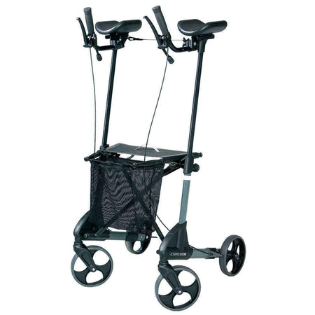 Front view of Troja Forearm Rollator rollator with seat and padded backrest, showing the handlebars and brake cables.