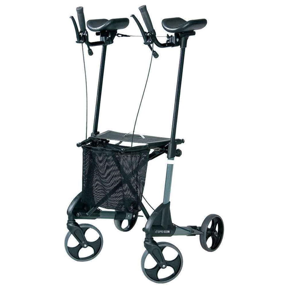 Front view of Troja Forearm Rollator rollator with seat and padded backrest, showing the handlebars and brake cables.