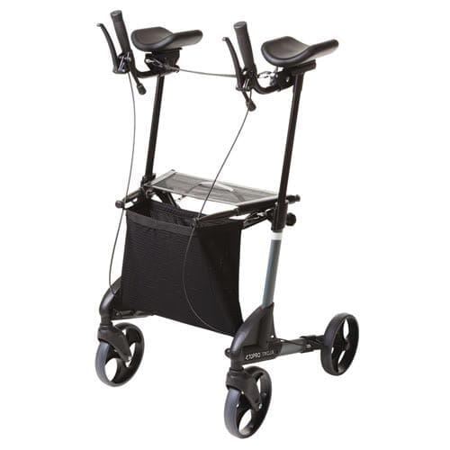 Angled view of Troja Forearm Rollator rollator with seat, padded backrest, storage bag and four wheels on a plain background.