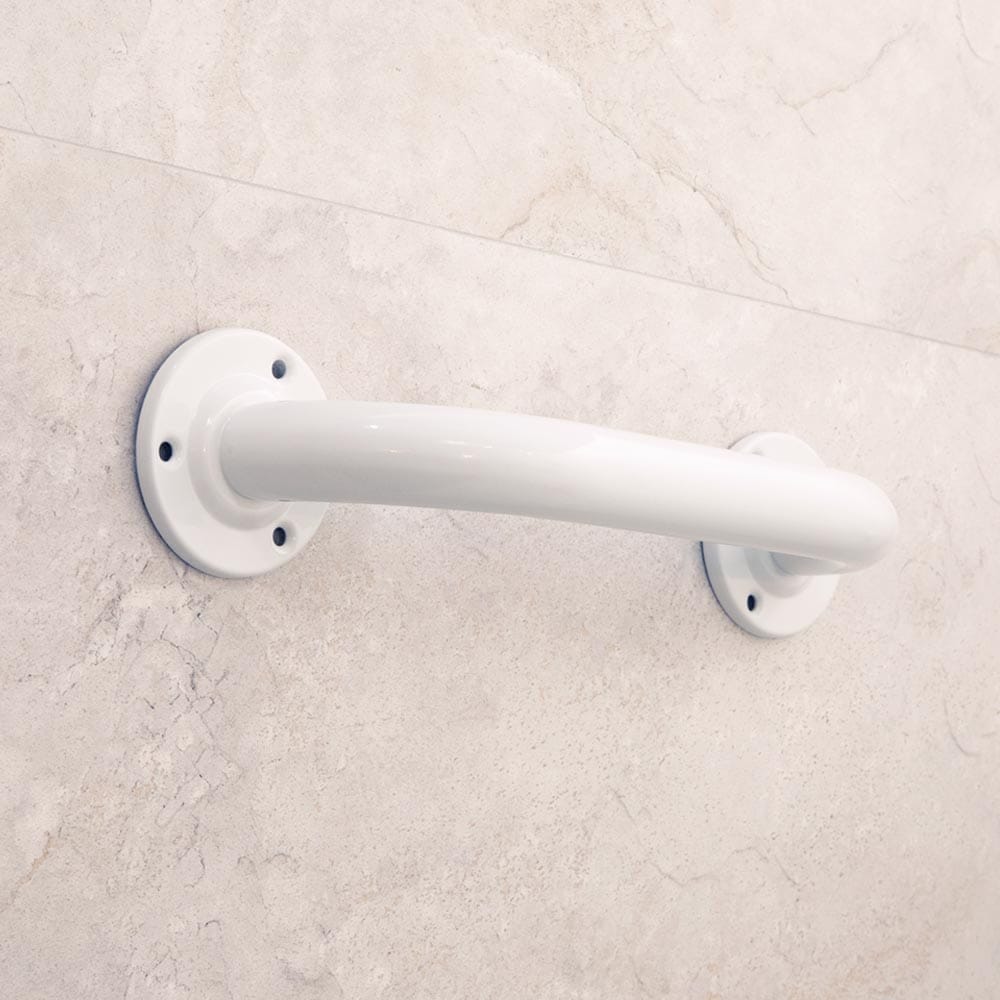 Full view of Tubular Steel Grab Rail grab rail with circular wall plates and a textured grip, designed to provide support in bathrooms and other areas.