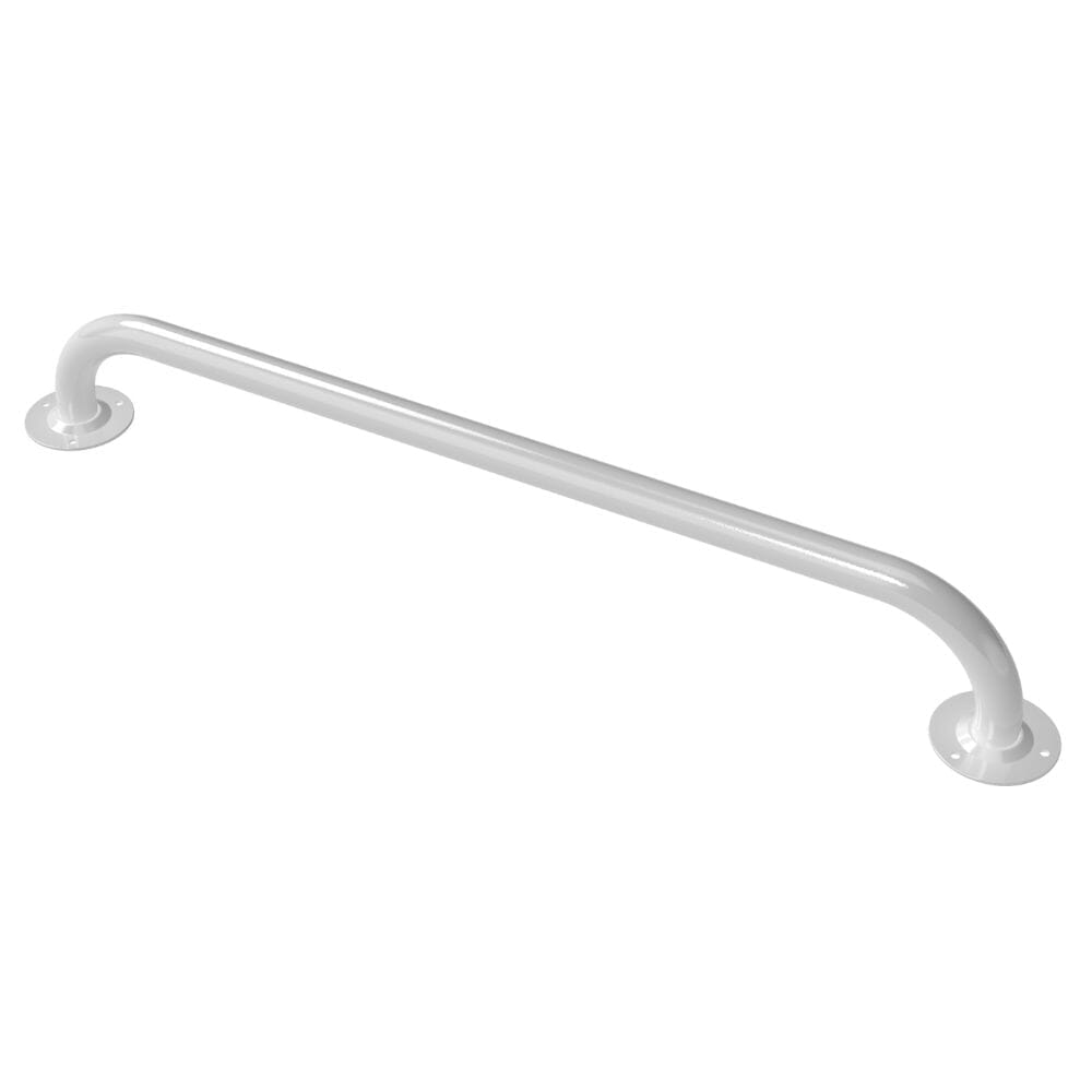 Full view of Tubular Steel Grab Rail grab rail with circular wall plates and a textured grip, designed to provide support in bathrooms and other areas.