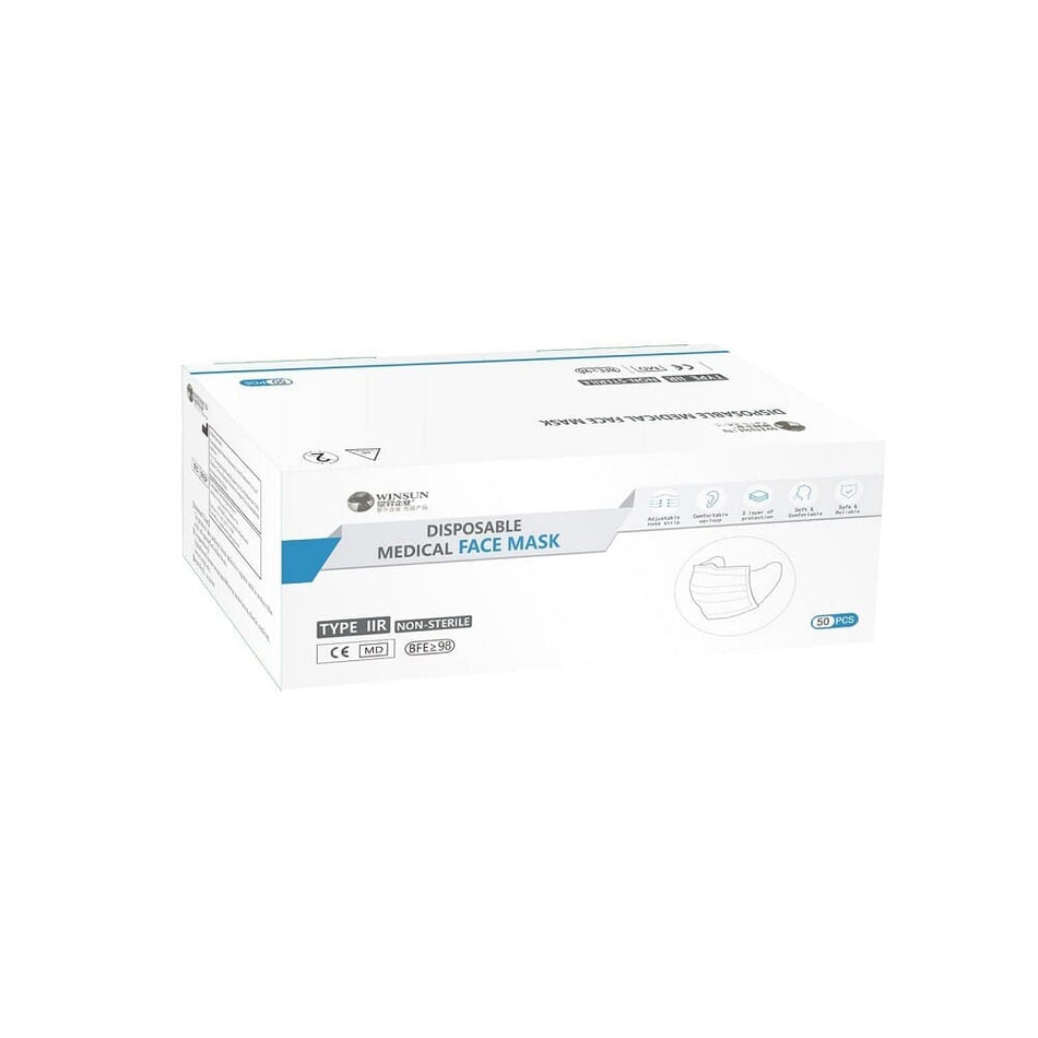 Image of Type IIR Surgical 3ply Disposable Face Masks-Box of 50 on a plain background.