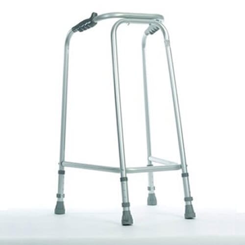 Ultra Narrow Walking Frame on a plain background with two front wheels, two rear ferrules and both upper and lower handgrips.