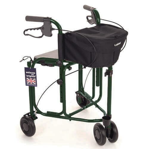 Angled view of Uniscan Triumph Rollator with Seat rollator with seat, padded backrest, storage bag and four wheels on a plain background.