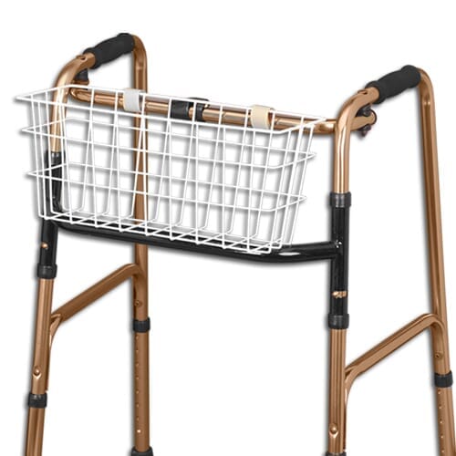Walking Frame Basket on a plain background with two front wheels, two rear ferrules and both upper and lower handgrips.