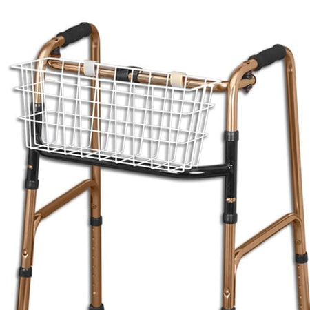 Walking Frame Basket on a plain background with two front wheels, two rear ferrules and both upper and lower handgrips.