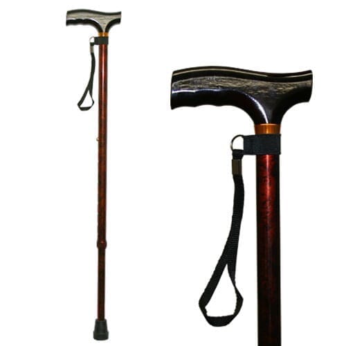 Full view of Walnut Coloured Walking Stick walking stick on a plain background, showing its handle, shaft and ferrule.