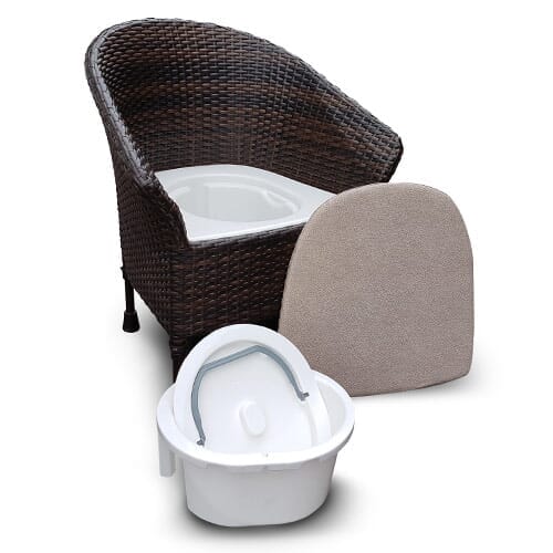 Walton Height Adjustable Commode-Brown with lid raised showing the open seat and removable commode pan, with supportive arms and adjustable height on a plain background.