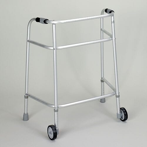 Wheeled Bariatric Walking Frame on a plain background with two front wheels, two rear ferrules and both upper and lower handgrips.