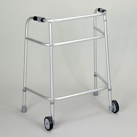 Wheeled Bariatric Walking Frame on a plain background with two front wheels, two rear ferrules and both upper and lower handgrips.