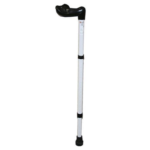 Full view of White Adjustable Comfy Grip Walking Stick walking stick on a plain background, showing its handle, shaft and ferrule.