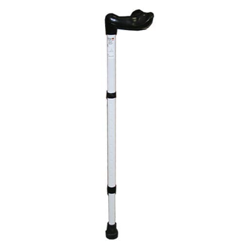Full view of White Adjustable Comfy Grip Walking Stick walking stick on a plain background, showing its handle, shaft and ferrule.